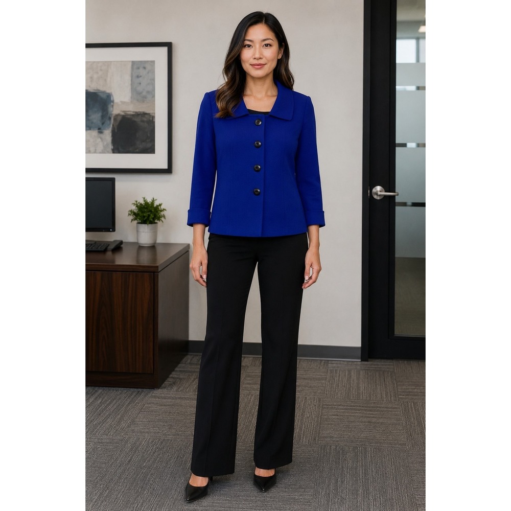 Tahari Women Blue Blazer Jacket Size 8P Button Office Career Workwear Minimalist